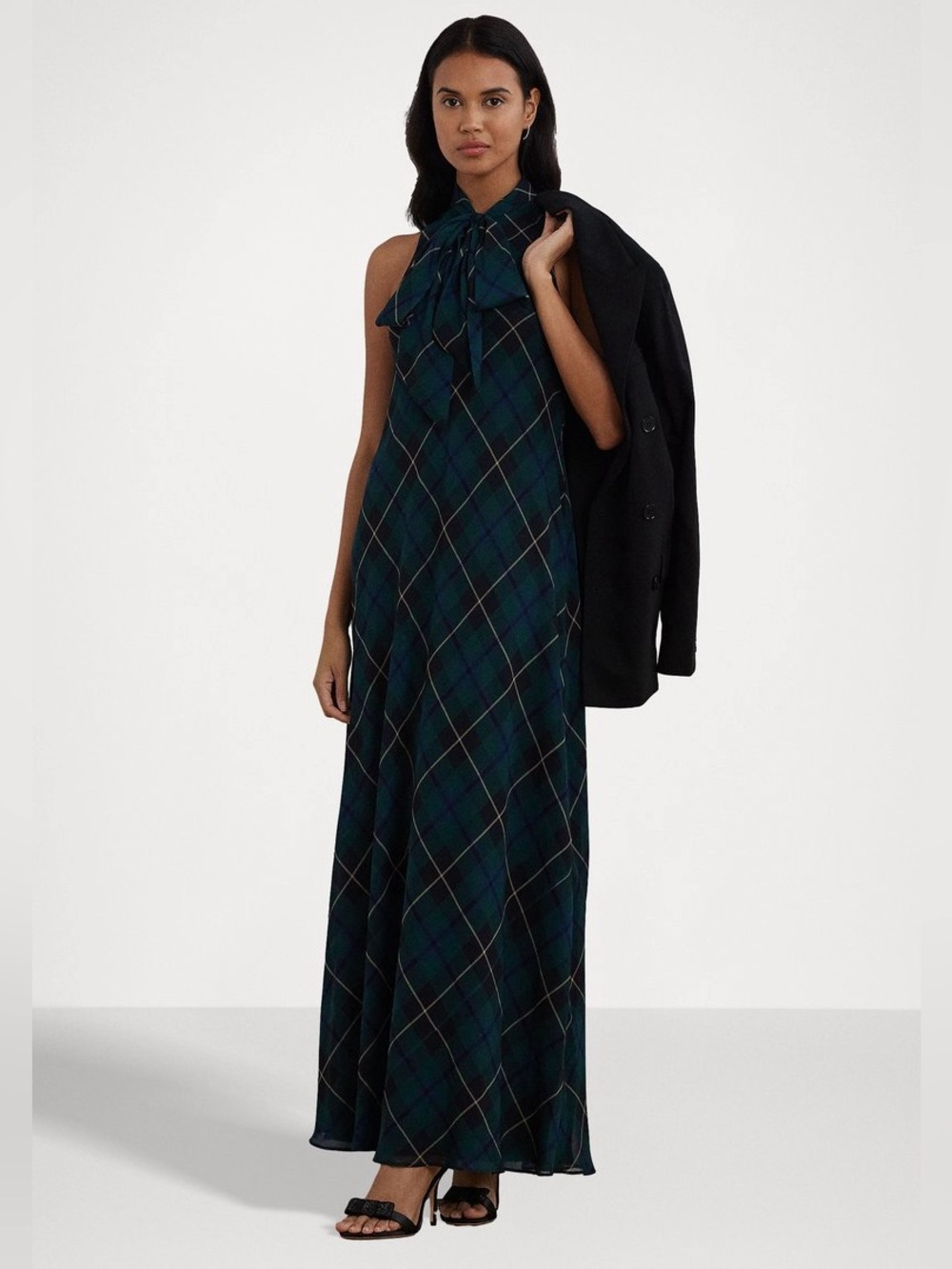 NWT Lauren Ralph Lauren Women's Plaid Crinkle Georgette Tie-Neck Gown